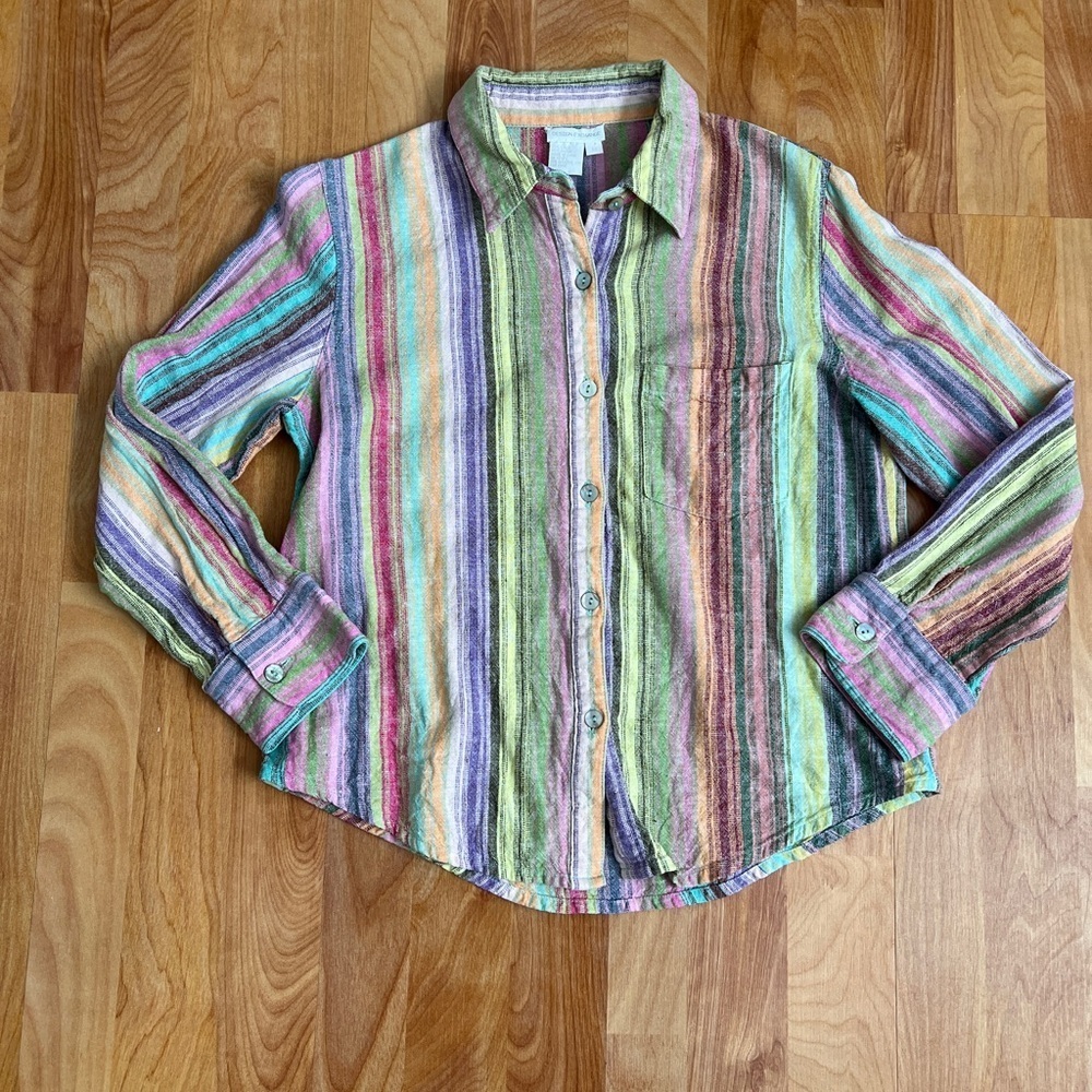 Design Exchange Colorful Variegated Stripe Button Down Shirt sz M